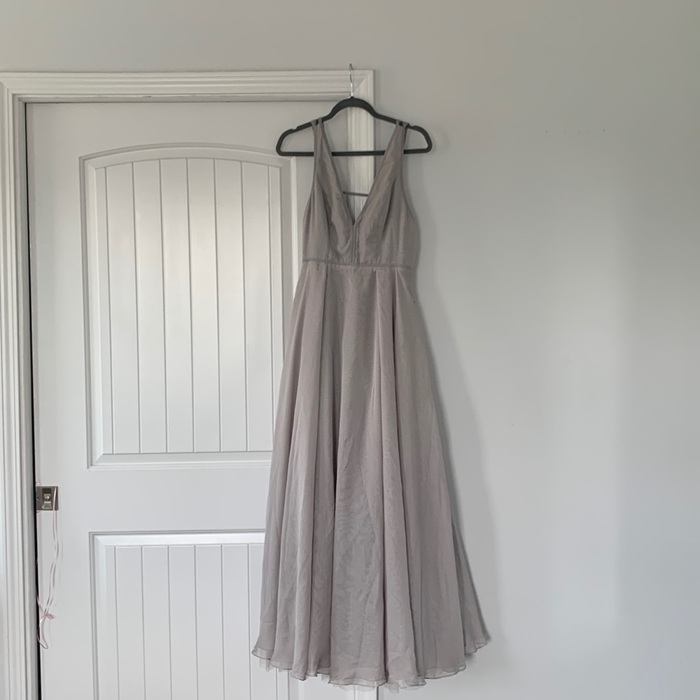 Fame and Partners gray v-neck formal a-line gown